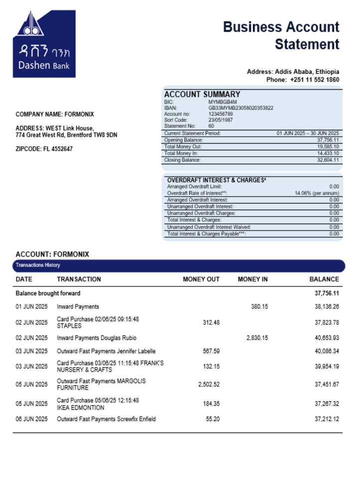 Relevé d'entreprise de la banque Dashen Format Word et PDF